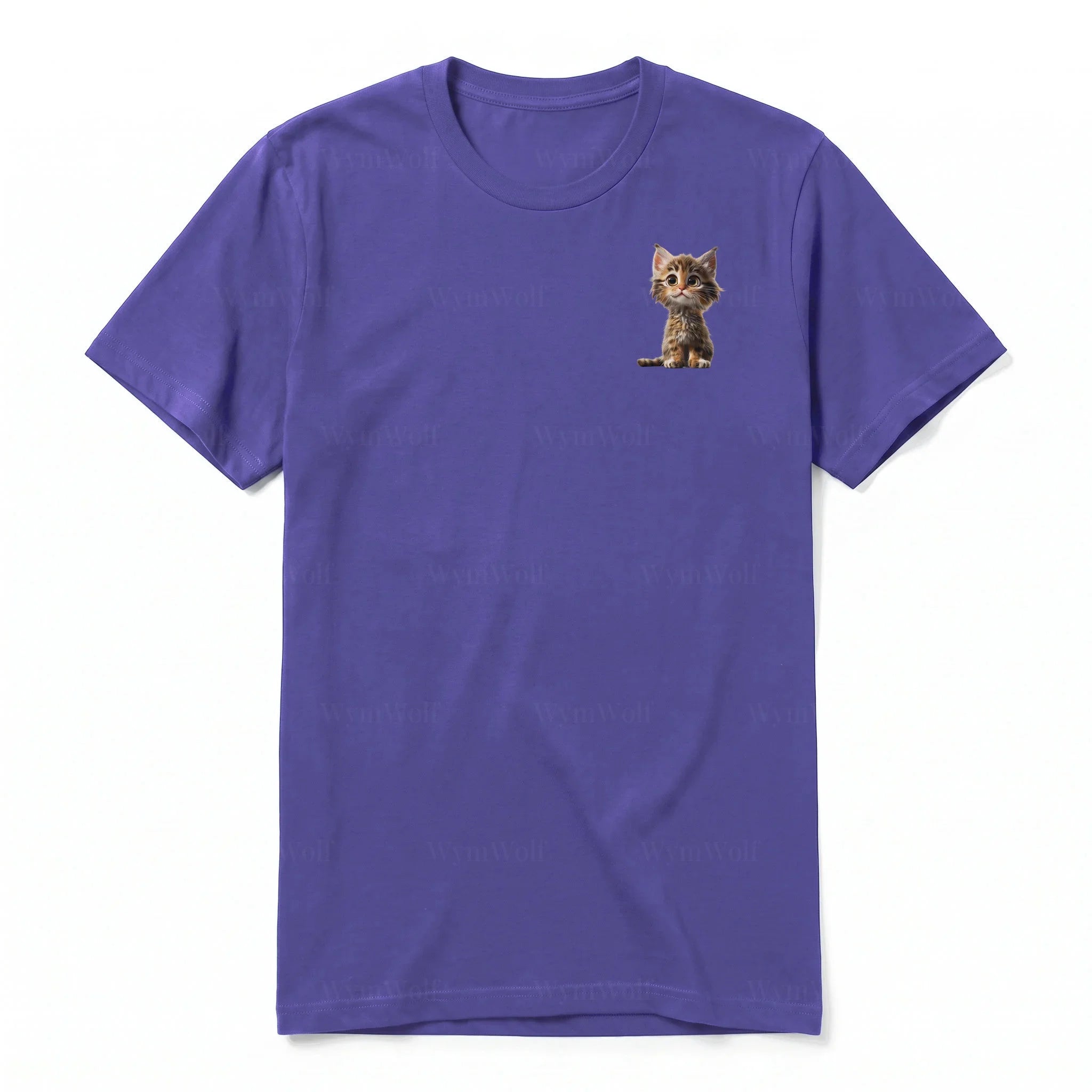 A purple short-sleeve crewneck t-shirt for adult featuring a graphic of a cat on the left chest.
