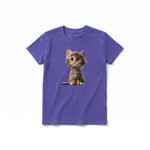 A purple short-sleeve crewneck t-shirt for youth featuring a graphic of a cat on the front.