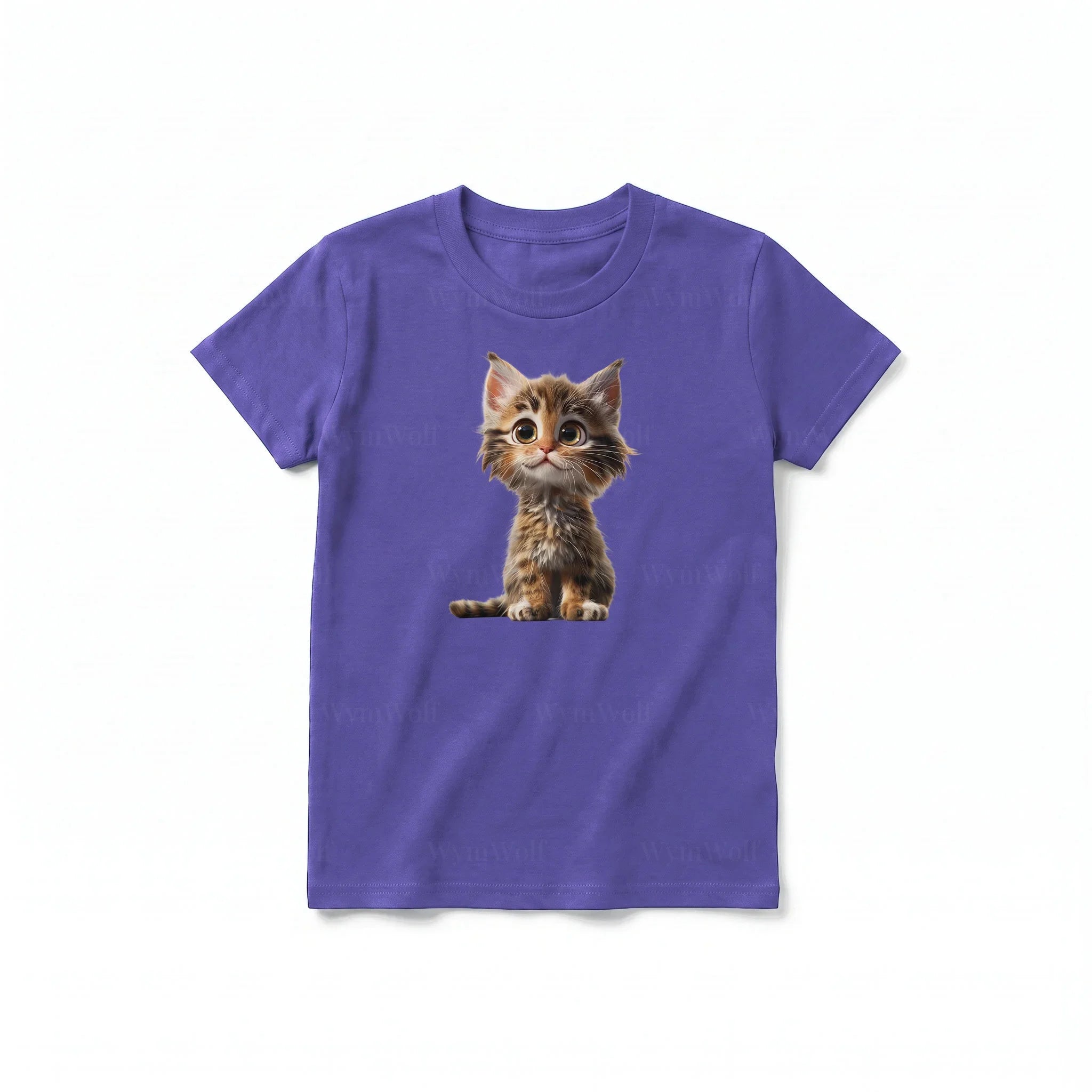 A purple short-sleeve crewneck t-shirt for youth featuring a graphic of a cat on the front.