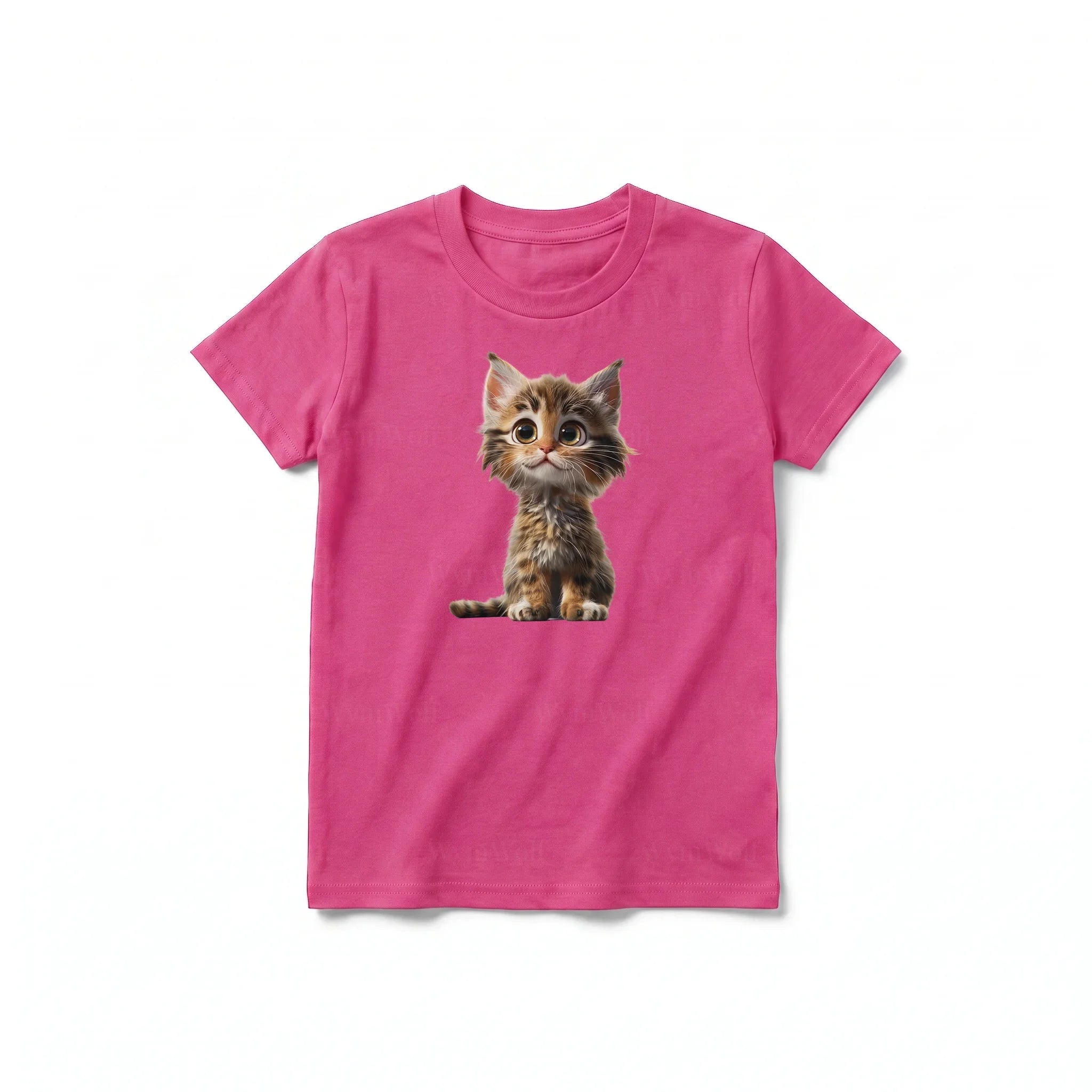 A raspberry short-sleeve crewneck t-shirt for youth featuring a graphic of a cat on the front.