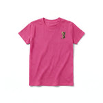 A raspberry short-sleeve crewneck t-shirt for youth featuring a graphic of a cat on the left chest.