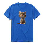 A royal short-sleeve crewneck t-shirt for adult featuring a graphic of a cat on the front.
