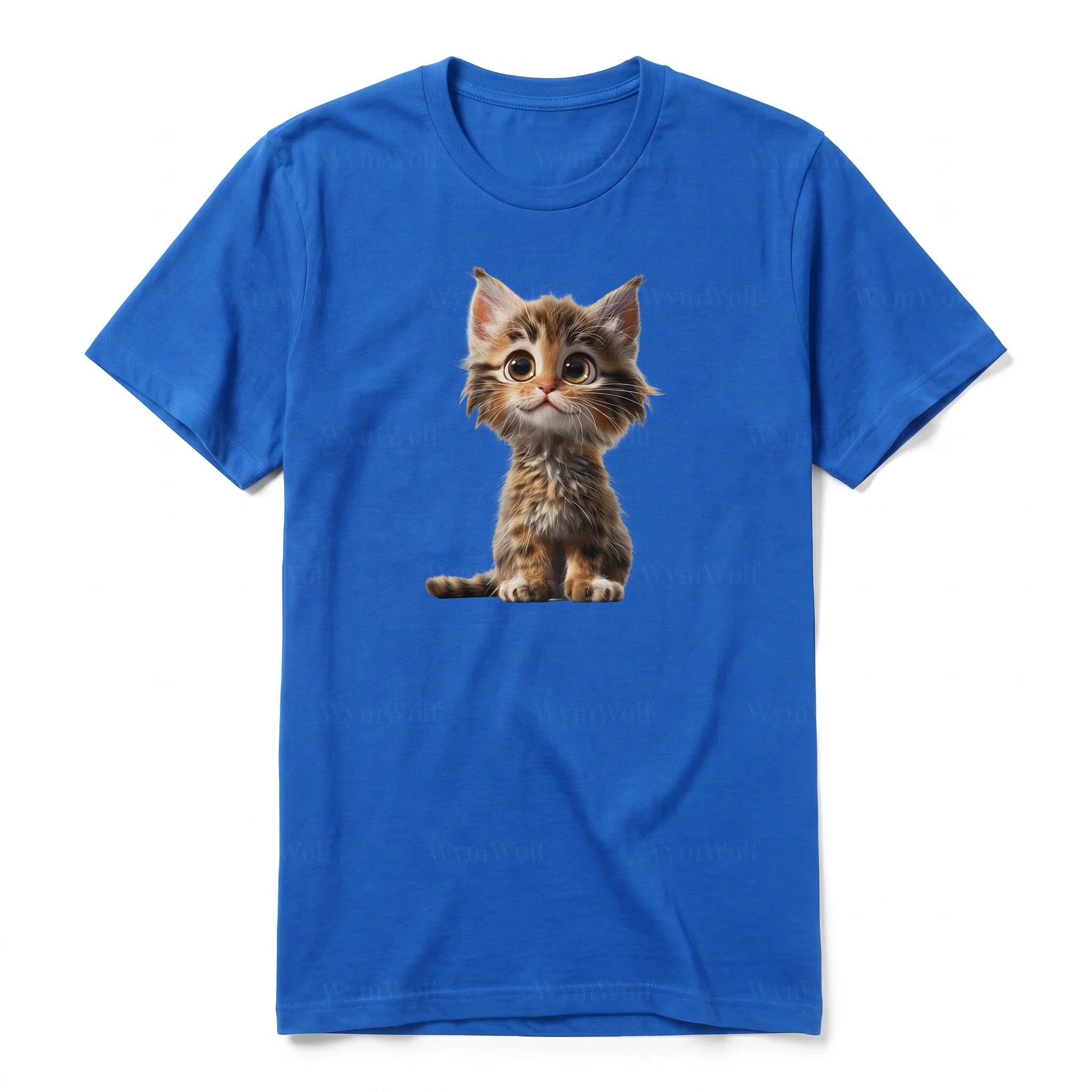 A royal short-sleeve crewneck t-shirt for adult featuring a graphic of a cat on the front.