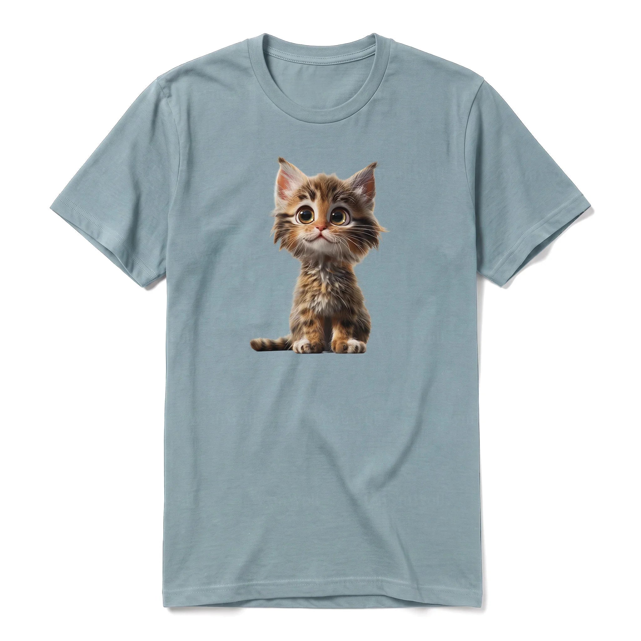 A sage short-sleeve crewneck t-shirt for adult featuring a graphic of a cat on the front.