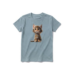 A sage short-sleeve crewneck t-shirt for youth featuring a graphic of a cat on the front.