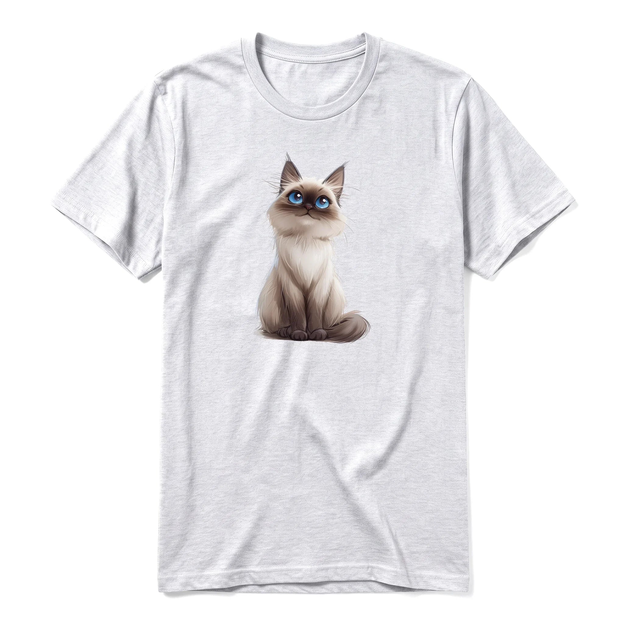 A ash grey short-sleeve crewneck t-shirt for adult featuring a graphic of a cat on the front.