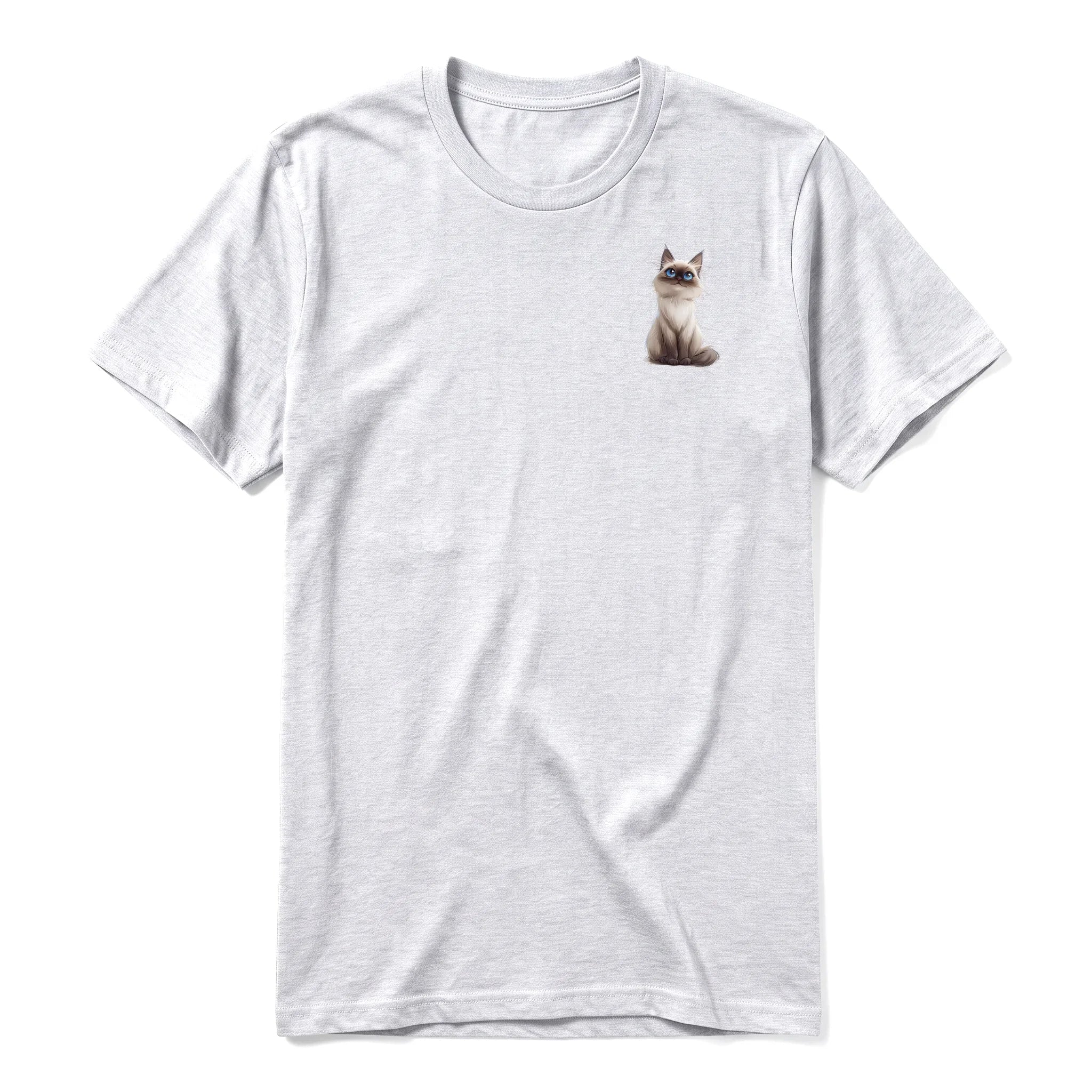 A ash grey short-sleeve crewneck t-shirt for adult featuring a graphic of a cat on the left chest.
