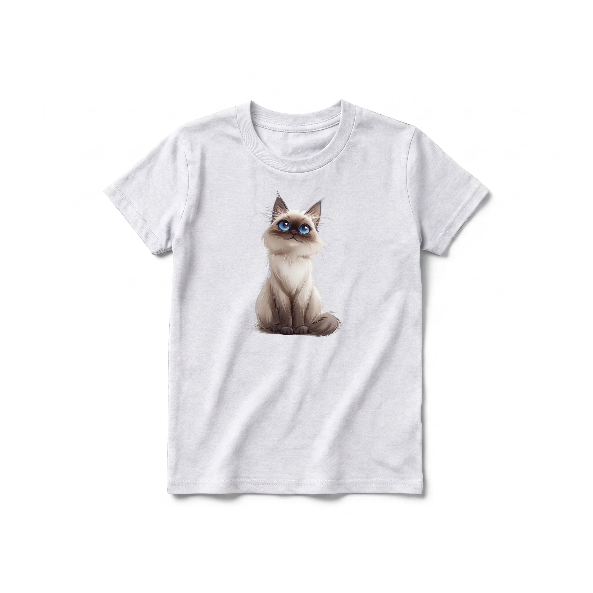 A ash grey short-sleeve crewneck t-shirt for youth featuring a graphic of a cat on the front.