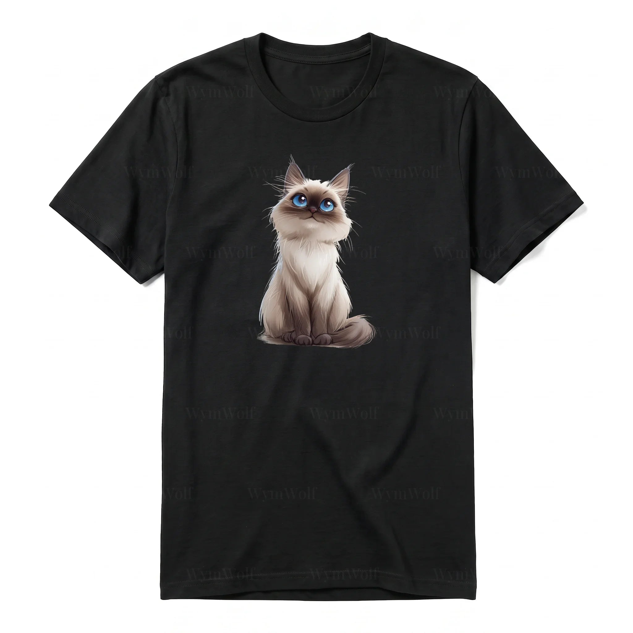 A black short-sleeve crewneck t-shirt for adult featuring a graphic of a cat on the front.