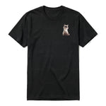 A black short-sleeve crewneck t-shirt for adult featuring a graphic of a cat on the left chest.