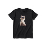 A black short-sleeve crewneck t-shirt for youth featuring a graphic of a cat on the front.