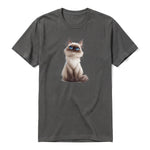 A charcoal short-sleeve crewneck t-shirt for adult featuring a graphic of a cat on the front.