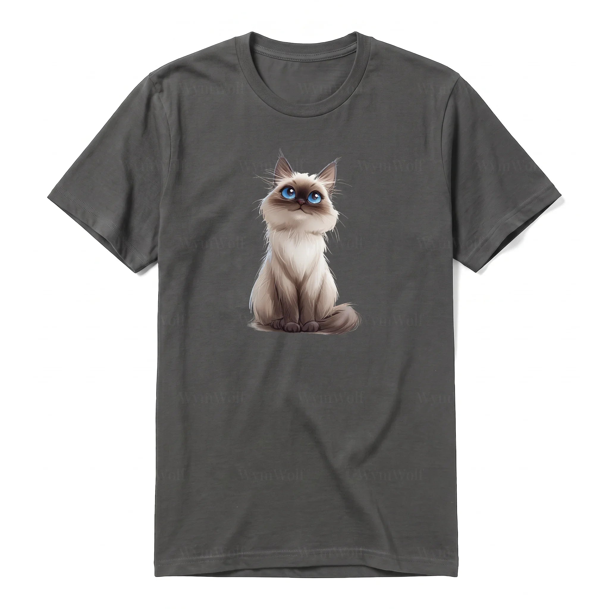 A charcoal short-sleeve crewneck t-shirt for adult featuring a graphic of a cat on the front.