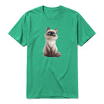 A kelly short-sleeve crewneck t-shirt for adult featuring a graphic of a cat on the front.