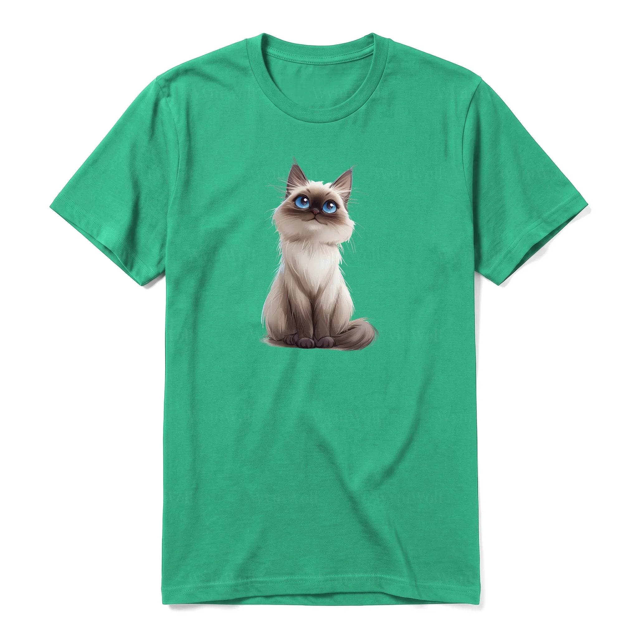 A kelly short-sleeve crewneck t-shirt for adult featuring a graphic of a cat on the front.