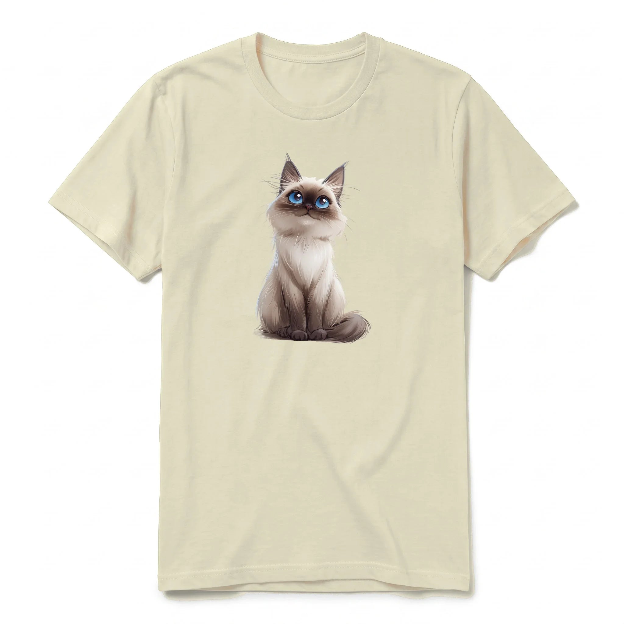 A latte short-sleeve crewneck t-shirt for adult featuring a graphic of a cat on the front.