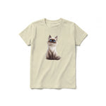 A latte short-sleeve crewneck t-shirt for youth featuring a graphic of a cat on the front.