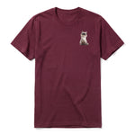 A maroon short-sleeve crewneck t-shirt for adult featuring a graphic of a cat on the left chest.