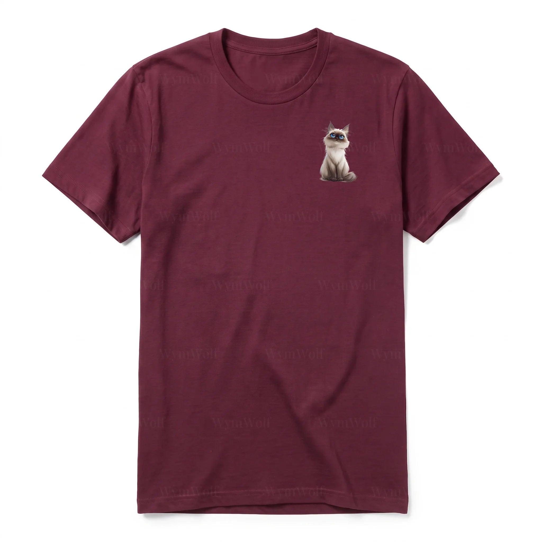 A maroon short-sleeve crewneck t-shirt for adult featuring a graphic of a cat on the left chest.