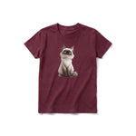 A maroon short-sleeve crewneck t-shirt for youth featuring a graphic of a cat on the front.