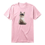 A pink short-sleeve crewneck t-shirt for adult featuring a graphic of a cat on the front.