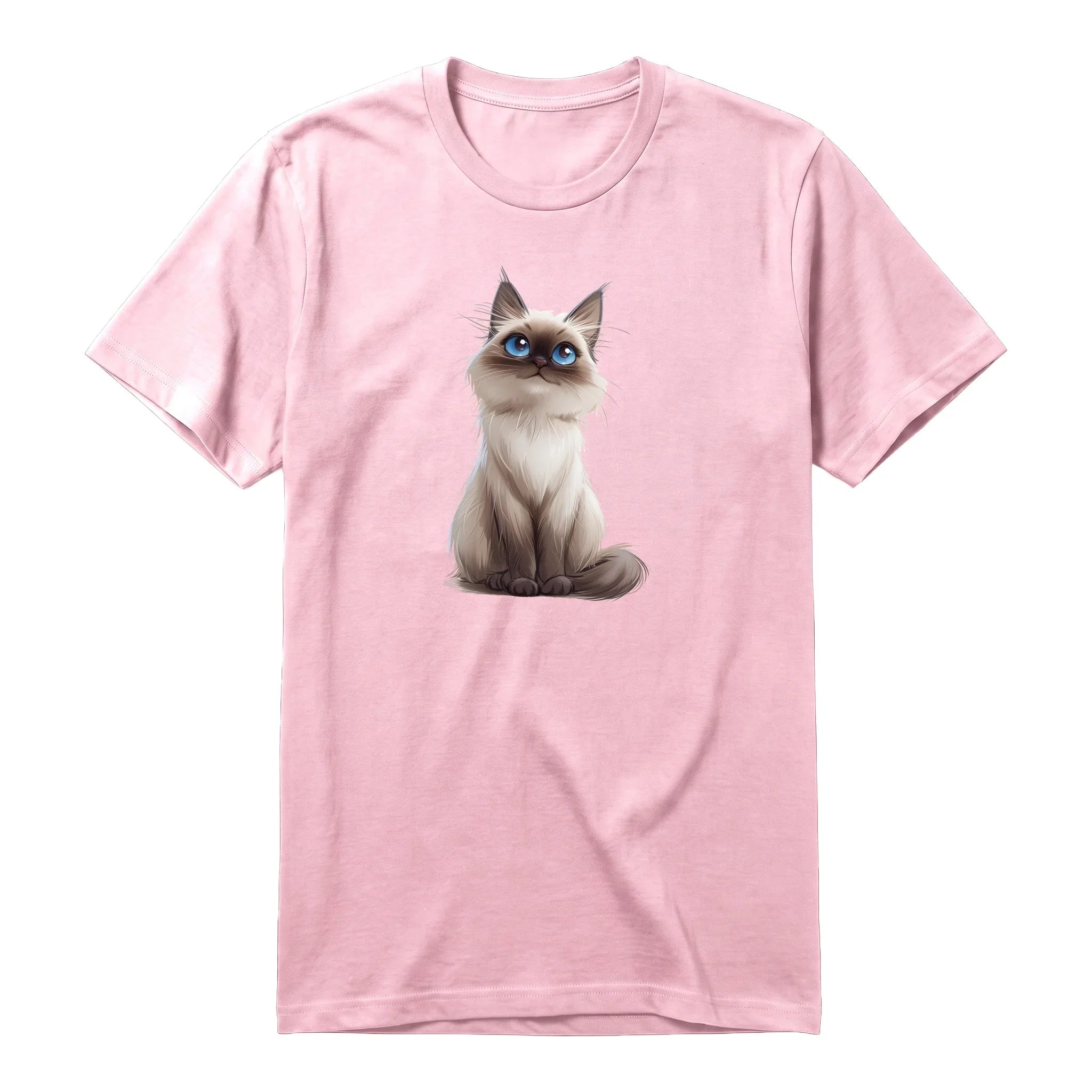 A pink short-sleeve crewneck t-shirt for adult featuring a graphic of a cat on the front.