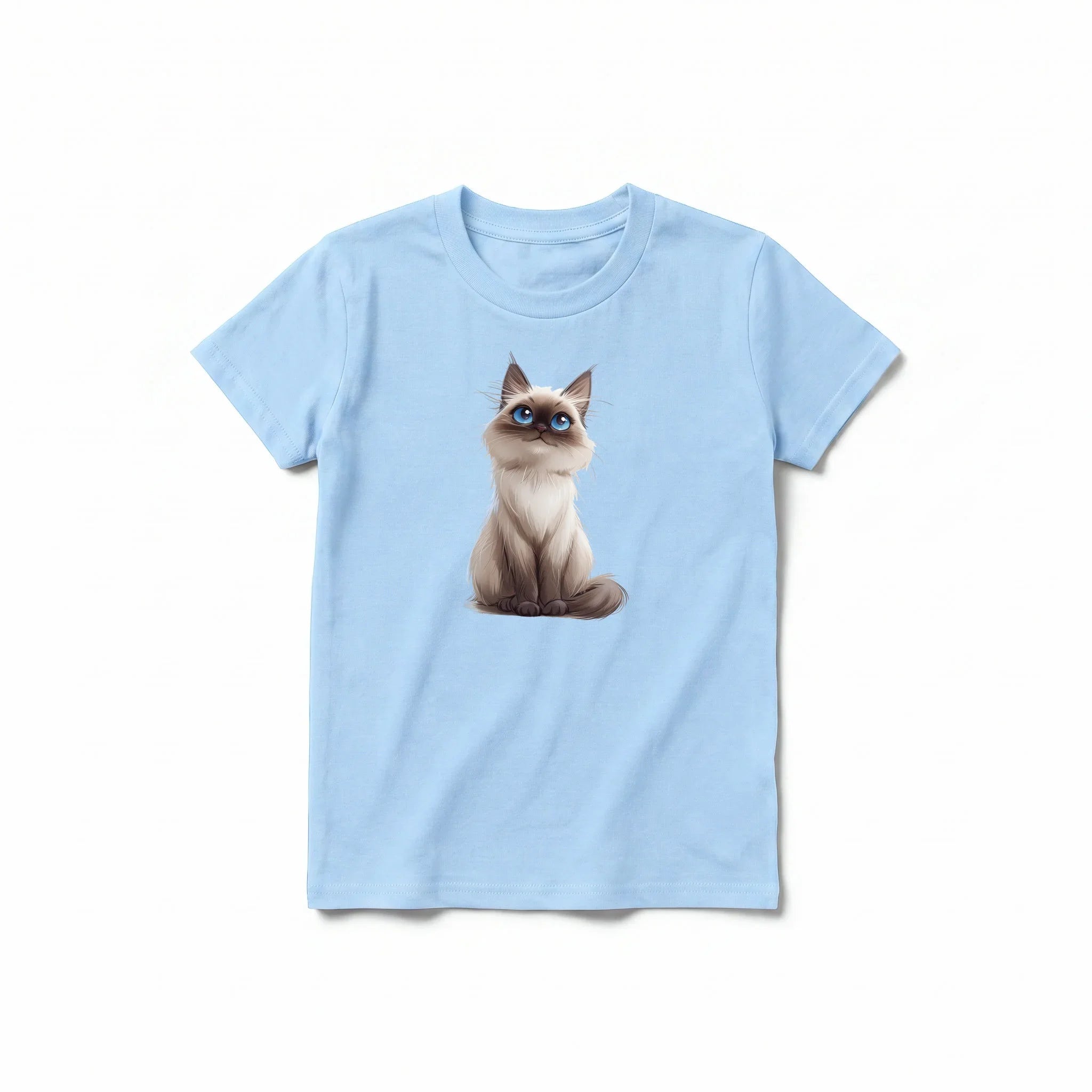 Un T-shirt poudre à manches courtes et col rond pour jeune, orné d'un motif représentant un chat sur le devant.