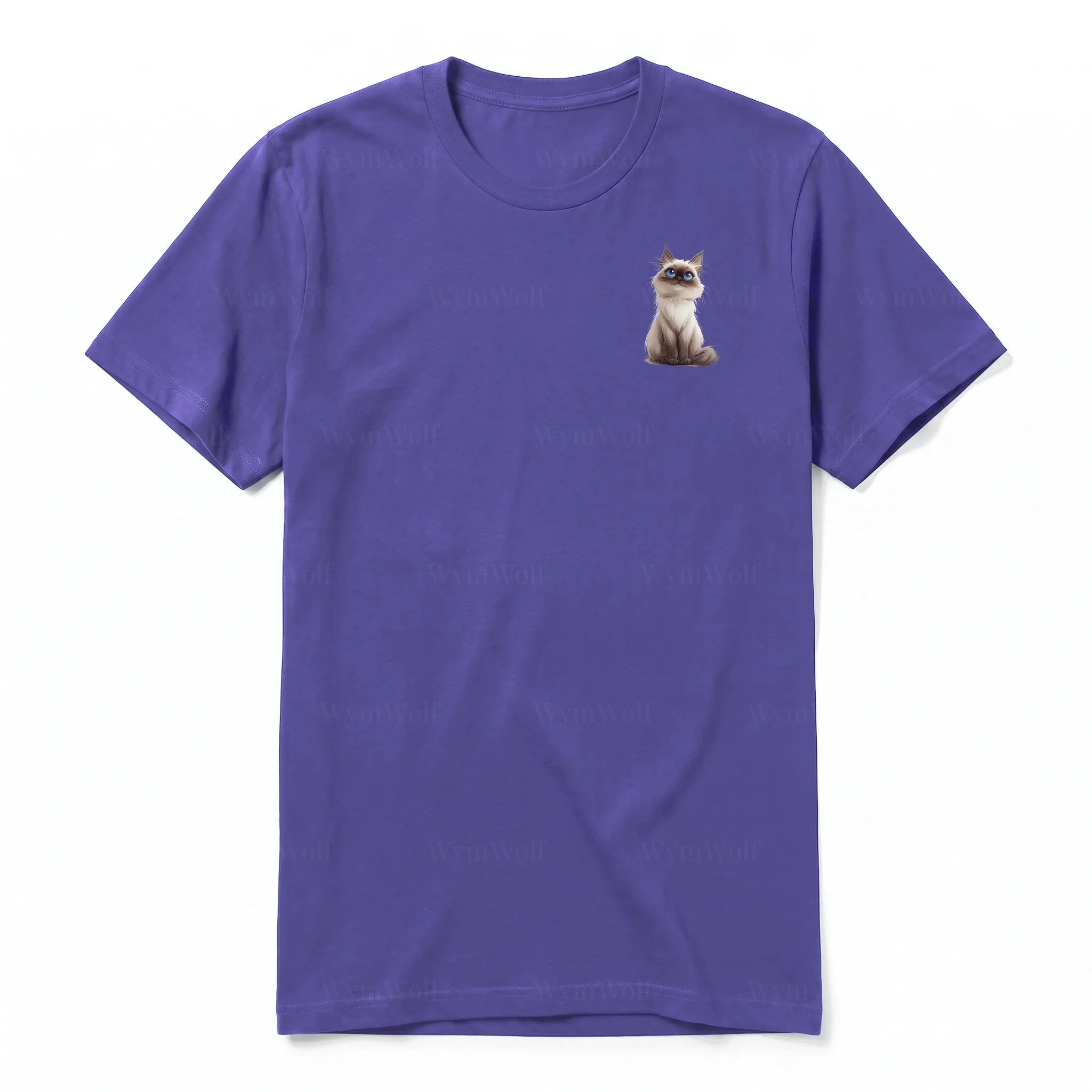 A purple short-sleeve crewneck t-shirt for adult featuring a graphic of a cat on the left chest.