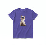 A purple short-sleeve crewneck t-shirt for youth featuring a graphic of a cat on the front.