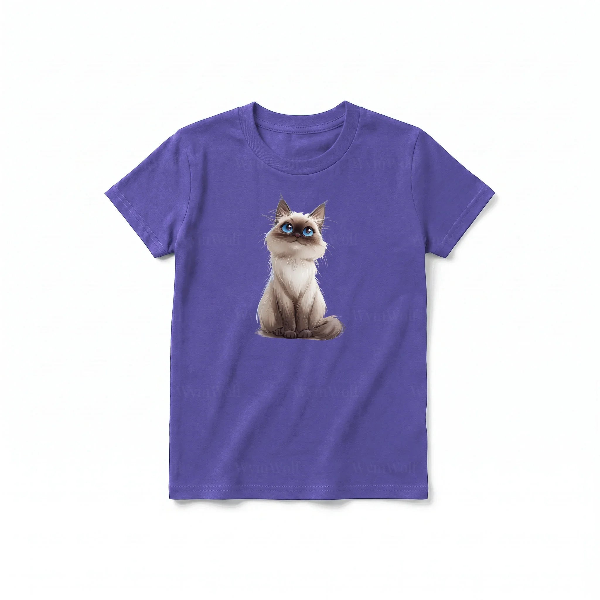 A purple short-sleeve crewneck t-shirt for youth featuring a graphic of a cat on the front.
