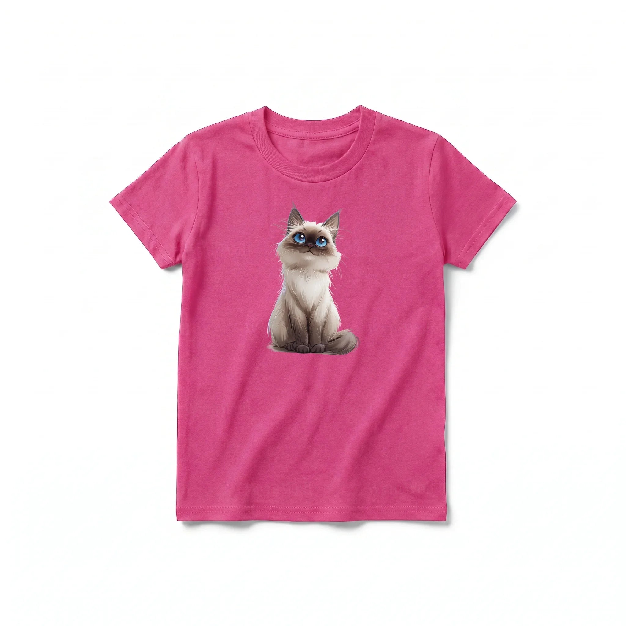 A raspberry short-sleeve crewneck t-shirt for youth featuring a graphic of a cat on the front.