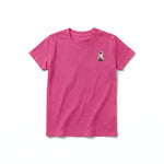 A raspberry short-sleeve crewneck t-shirt for youth featuring a graphic of a cat on the left chest.