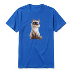 A royal short-sleeve crewneck t-shirt for adult featuring a graphic of a cat on the front.