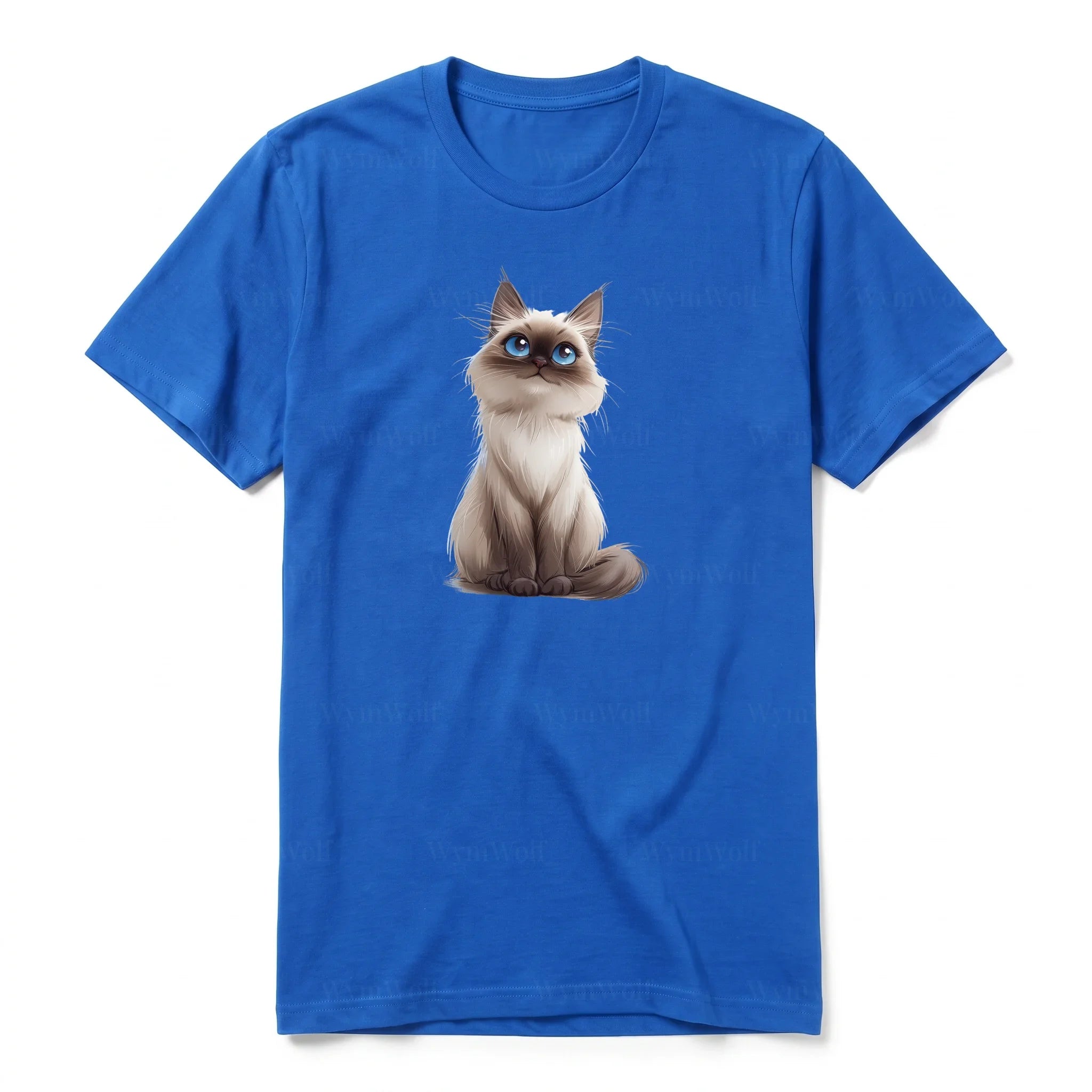 A royal short-sleeve crewneck t-shirt for adult featuring a graphic of a cat on the front.