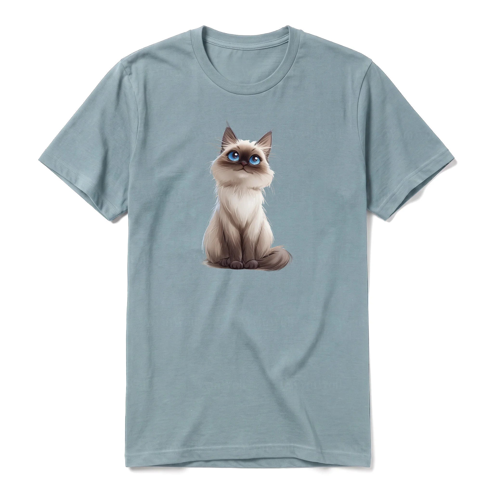 A sage short-sleeve crewneck t-shirt for adult featuring a graphic of a cat on the front.