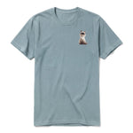 A sage short-sleeve crewneck t-shirt for adult featuring a graphic of a cat on the left chest.