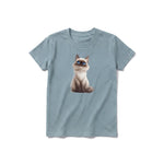A sage short-sleeve crewneck t-shirt for youth featuring a graphic of a cat on the front.