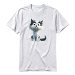 A ash grey short-sleeve crewneck t-shirt for adult featuring a graphic of a cat on the front.