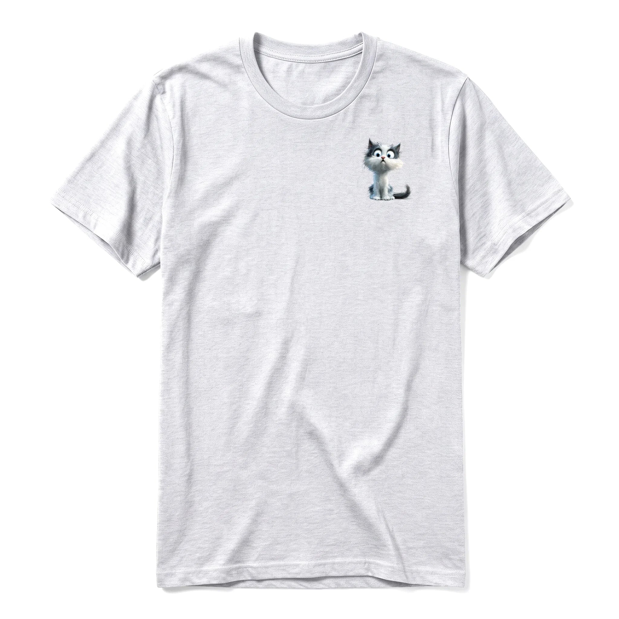 A ash grey short-sleeve crewneck t-shirt for adult featuring a graphic of a cat on the left chest.
