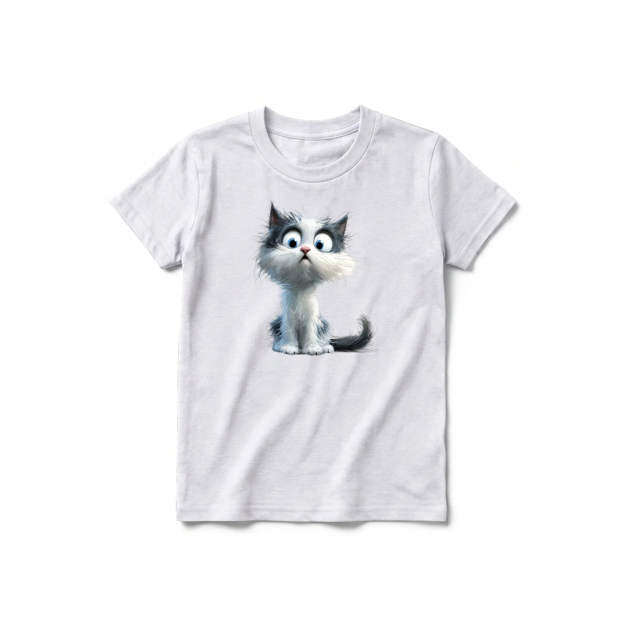A ash grey short-sleeve crewneck t-shirt for youth featuring a graphic of a cat on the front.