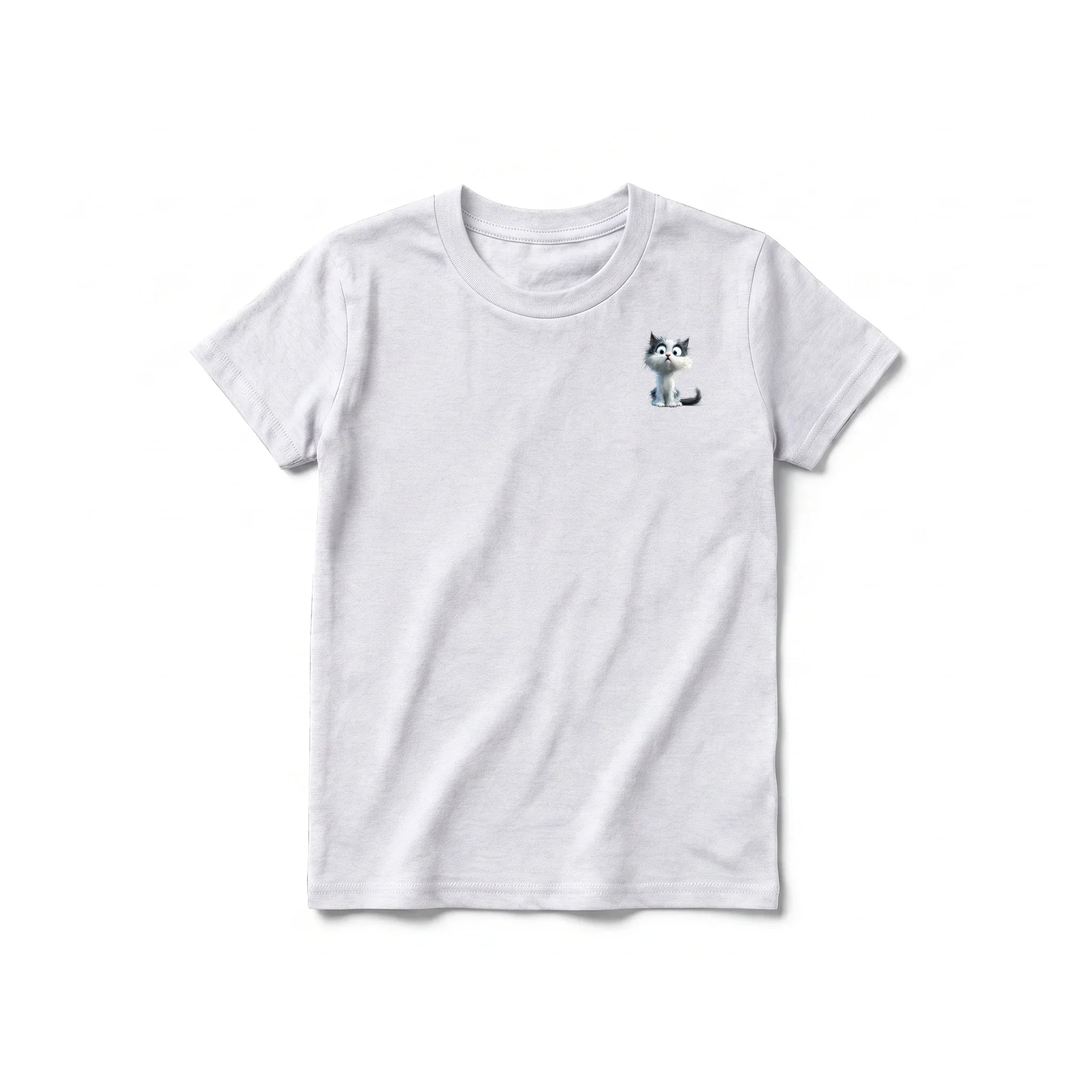 A ash grey short-sleeve crewneck t-shirt for youth featuring a graphic of a cat on the left chest.