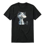 A black short-sleeve crewneck t-shirt for adult featuring a graphic of a cat on the front.