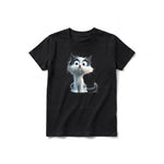 A black short-sleeve crewneck t-shirt for youth featuring a graphic of a cat on the front.