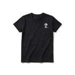 A black short-sleeve crewneck t-shirt for youth featuring a graphic of a cat on the left chest.