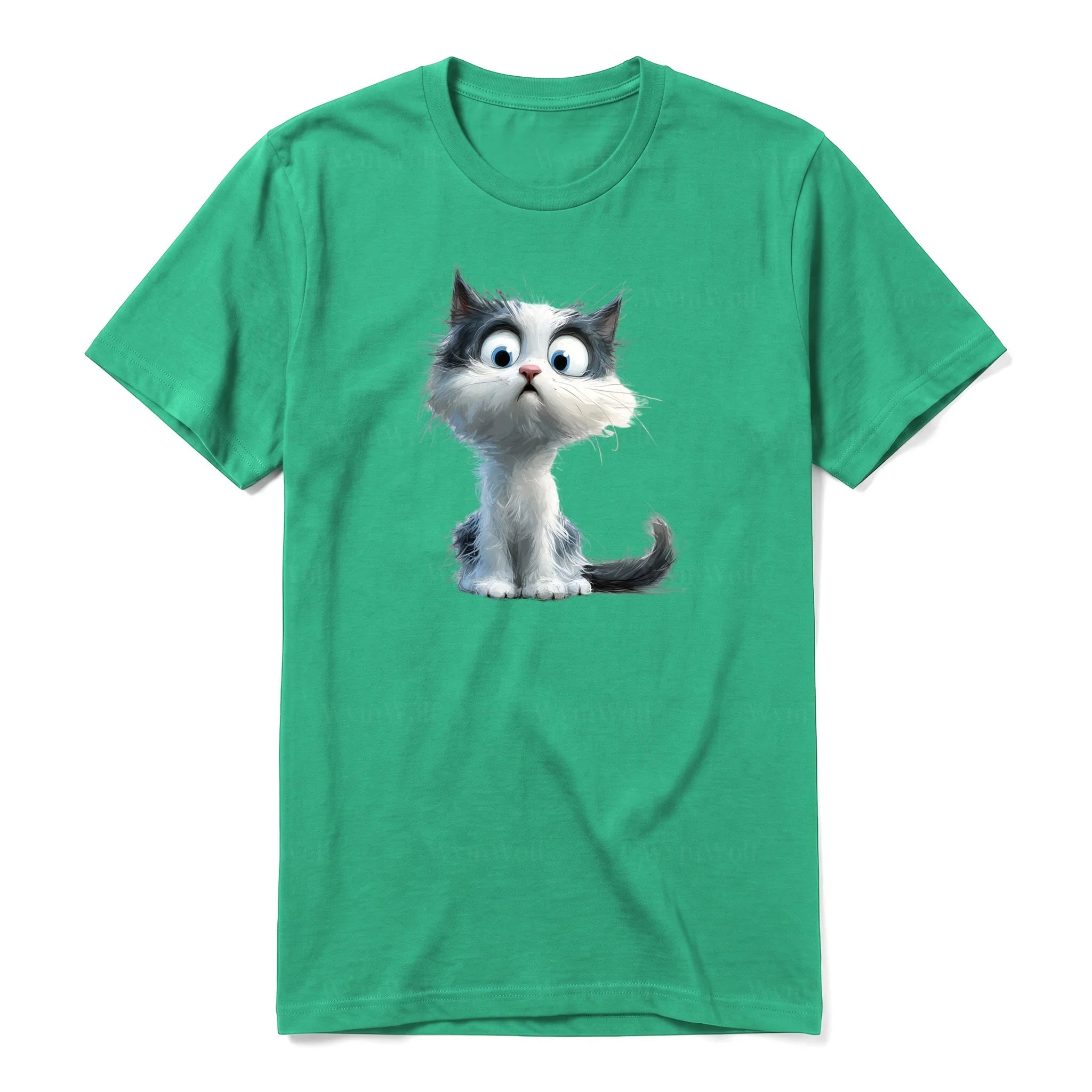 Un T-shirt kelly à manches courtes et col rond, orné d'un motif représentant un chat sur le devant.