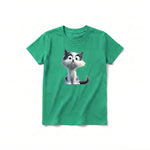 Un T-shirt kelly à manches courtes et col rond pour jeune, orné d'un motif représentant un chat sur le devant.