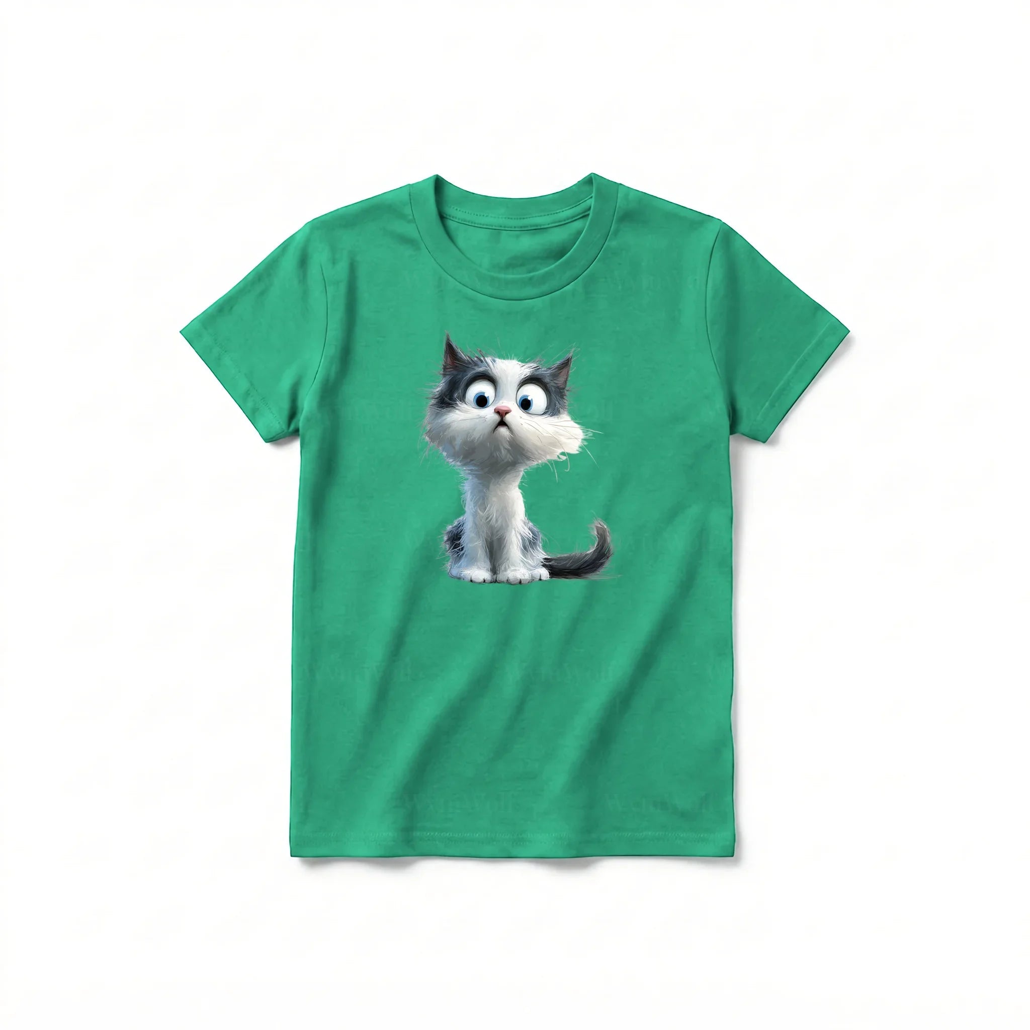 Un T-shirt kelly à manches courtes et col rond pour jeune, orné d'un motif représentant un chat sur le devant.