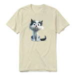 A latte short-sleeve crewneck t-shirt for adult featuring a graphic of a cat on the front.