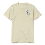 A latte short-sleeve crewneck t-shirt for adult featuring a graphic of a cat on the left chest.