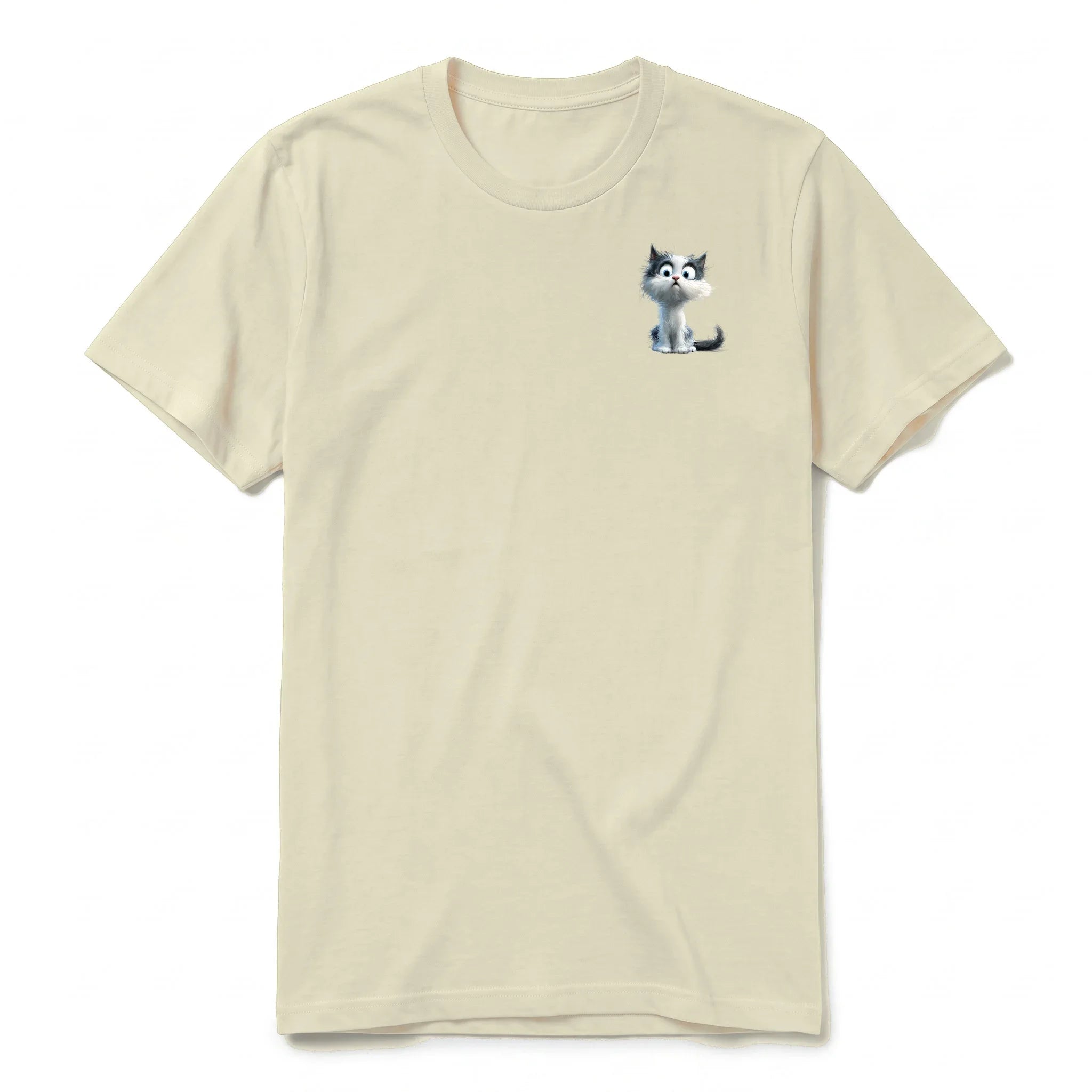 A latte short-sleeve crewneck t-shirt for adult featuring a graphic of a cat on the left chest.